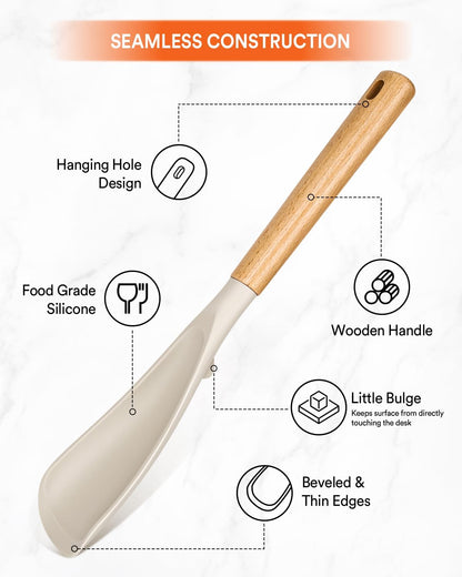 Cooking Spoon for Nonstick Cookwares, Great for Cooking and Serving Sturdy BPA-Free Matte Silicone, Wood Handle Spoon for Mixing, Scoop, and Scrape (Black & Grey, 11.4 inch)