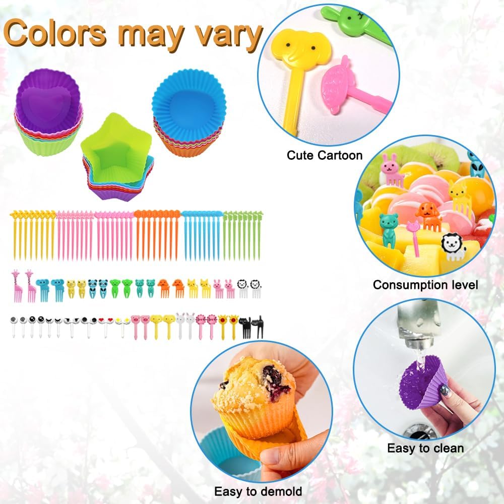 108 PCS Silicone Bento Box Dividers Kit, Bento Box Accessories, 90pcs Food Picks and 18pcs Silicone Cupcake Liners for Bento, Snacks, Cupcakes, Party, Picnic