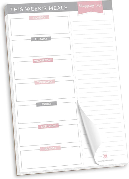 bloom daily planners Weekly Meal Planning Pad - Magnetic Hanging Refrigerator Menu Planner with Tear-Off Sheets & Perforated Grocery Shopping Lists - 6” x 9” (Grey & Pink)