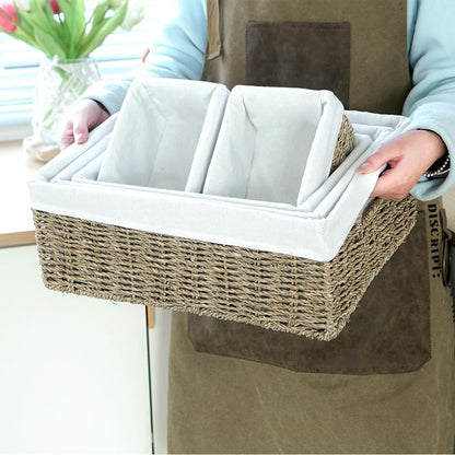 Water Hyacinth Shelf Baskets 4-Pack, Handwoven Wicker Bins with Removable Linen Liners – Divided Upper Compartment & Open Handles, Stackable for Pantry Bathroom Closet