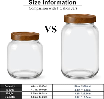 2 Pack Glass Flour Sugar Storage Containers with Acacia Wooden Lid, 1 Gallon Glass Jars with Airtight Lid, Wide Mouth Large Mason Jars 128oz for Rice, Pasta, Oats, Coffee Storage
