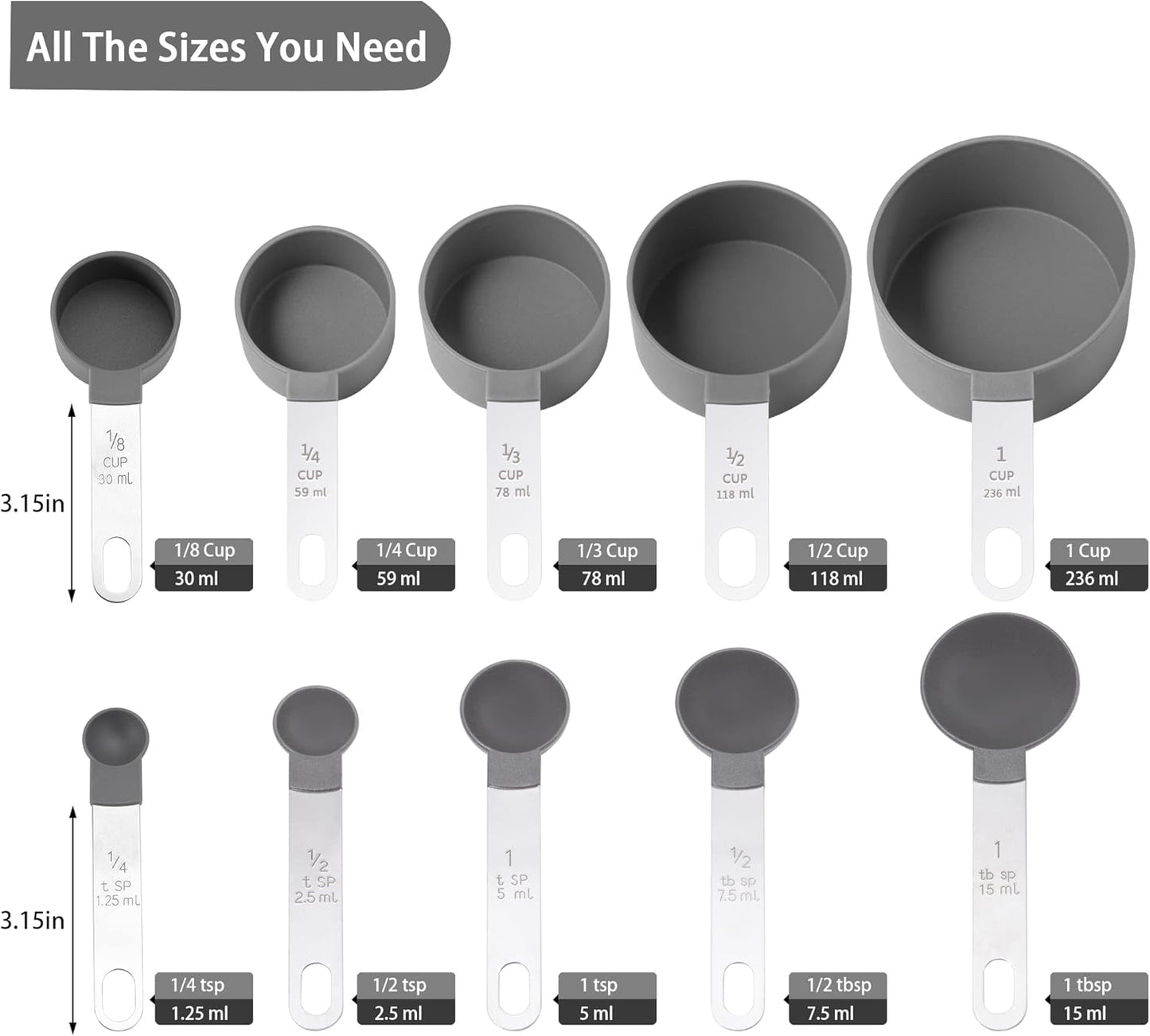 Measuring Cups and Spoons Set of Huygens Kitchen Gadgets 10 Pieces, Stackable Stainless Steel Handle Measuring Cups for Measuring Dry and Liquid Ingredient (Gray)