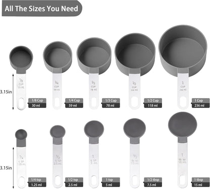 Measuring Cups and Spoons Set of Huygens Kitchen Gadgets 10 Pieces, Stackable Stainless Steel Handle Measuring Cups for Measuring Dry and Liquid Ingredient (Gray)