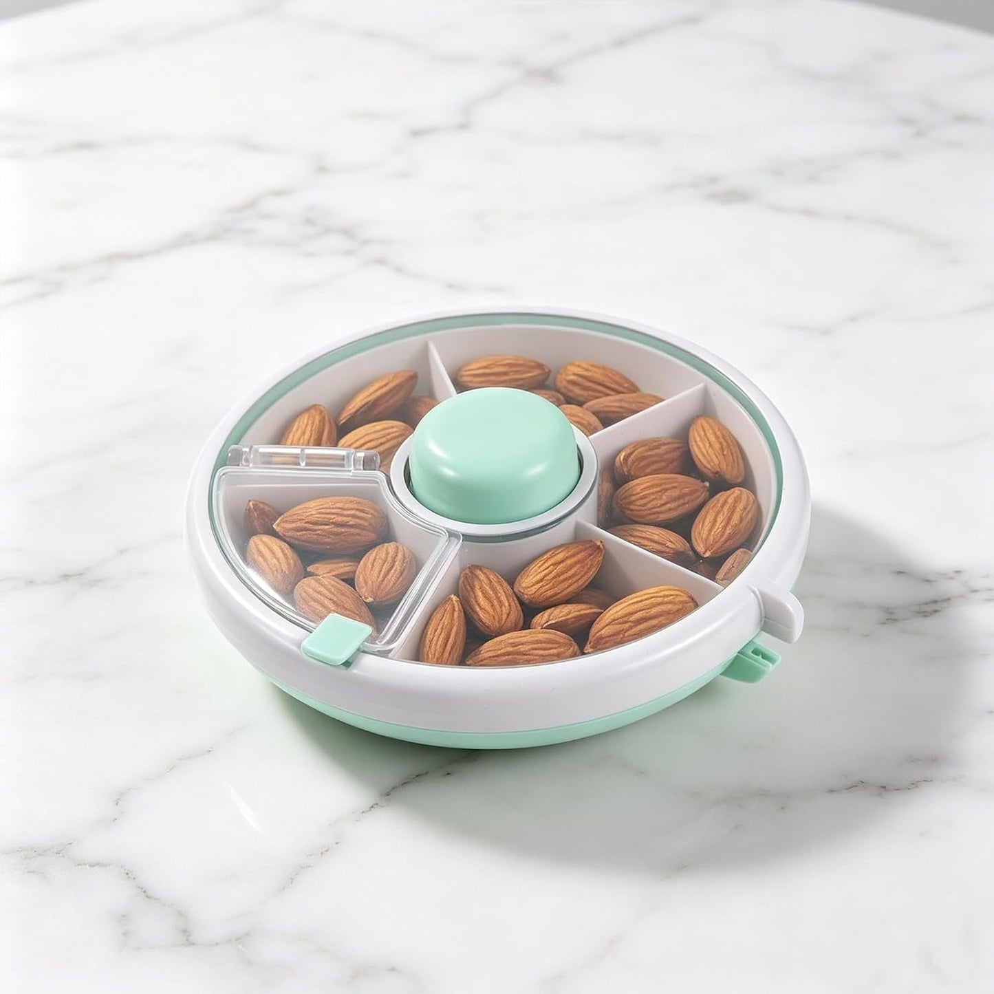 Compartmentalized Snack Tray with Lid, Portable Rotating Kids Snack Container for Dry Fruits, Candies, Crackers, Great for Picnics, Travel, Parties Pink