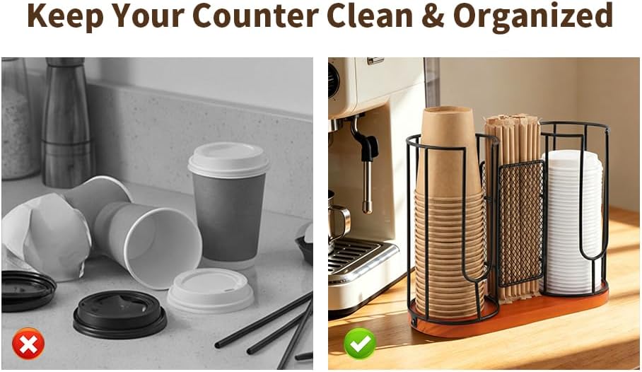 2-Compartment Coffee Cup Dispenser Rack, Disposable Cups Straws Organizer with Wooden Base, Paper Plastic Cup and Lids Holder for Coffee Station Bar Restaurant Office Breakroom Shop Kitchen
