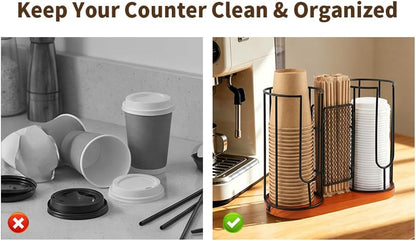 2-Compartment Coffee Cup Dispenser Rack, Disposable Cups Straws Organizer with Wooden Base, Paper Plastic Cup and Lids Holder for Coffee Station Bar Restaurant Office Breakroom Shop Kitchen