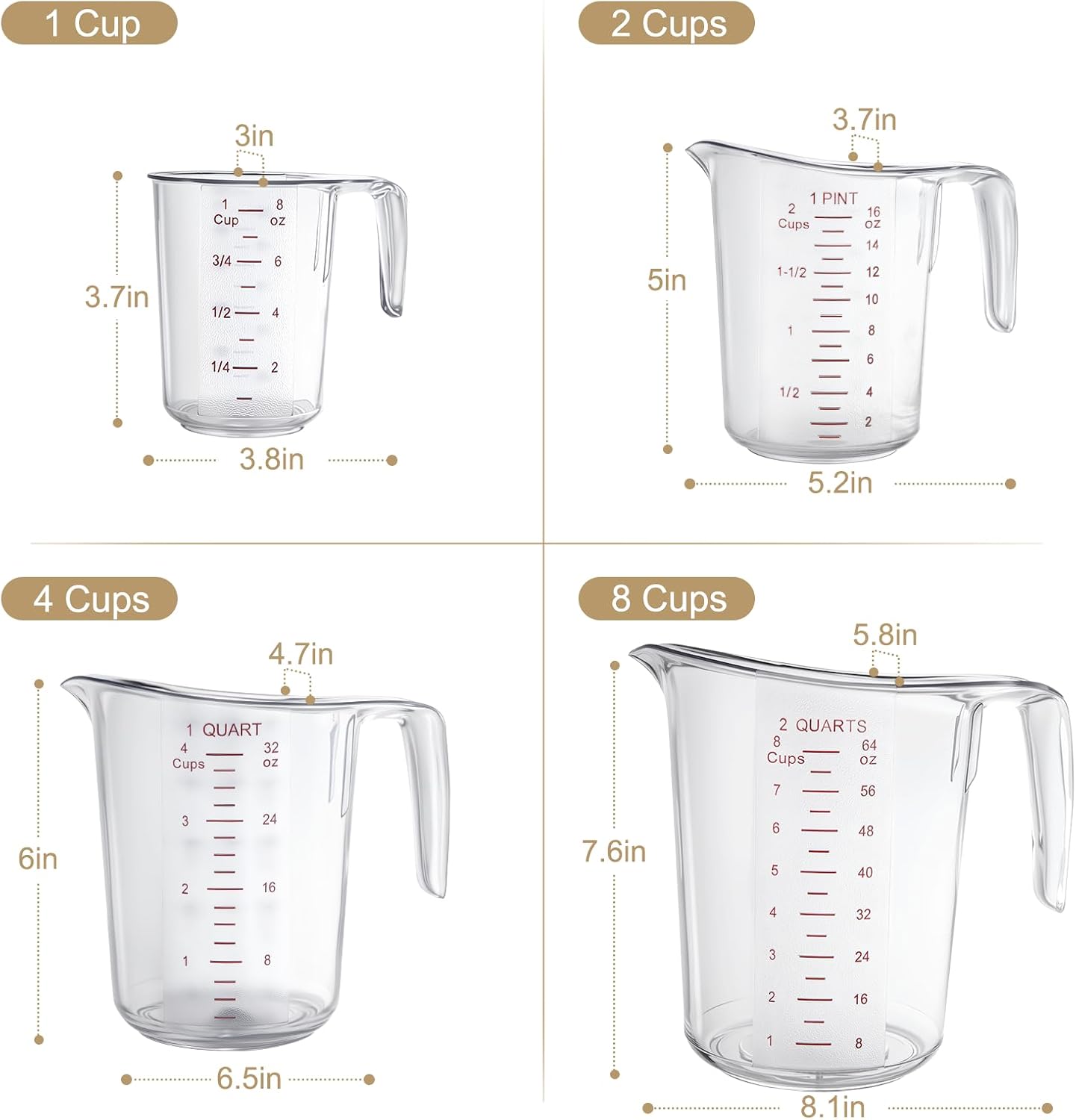 DaYammi Measuring Cups 3-Piece, Unbreakable Food-Grade Plastic Measuring Cup for Dishwasher, 1/2/4-Cup Nesting Liquid Measuring Cups for Prepping, Baking, Cooking, Readable Markings, Clear
