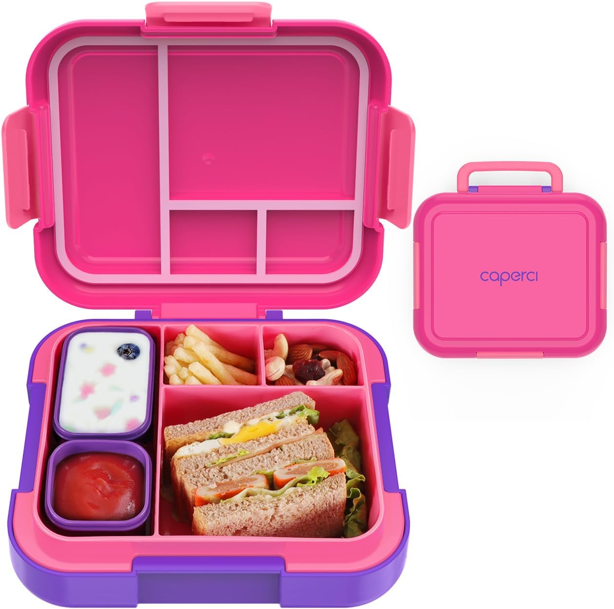 Caperci Bento Box for Kids - Large 4.8 Cups Lunch Box with Two Modular Containers - 4 Compartments, Leak-Proof, Portable Handle, Microwave/Dishwasher Safe, BPA-Free (Jungle Green/Blue)