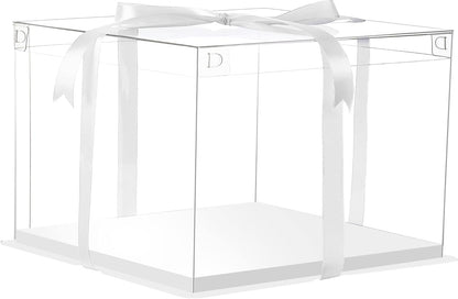 XININSUN 2Pcs Large Cake PET Clear Box, 10" X 10" X 9" with ribbon and pre-folded lid, for 8" cake packing carry, baking cookie display, Carry Tall Layer Gift, Festive Gift Box -White