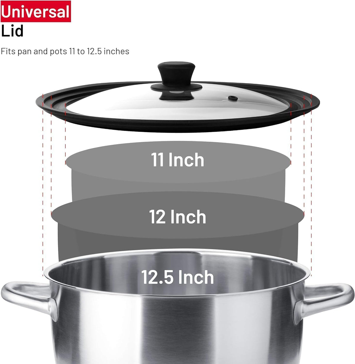 Universal Lids for Pots, Pans and Skillets - Tempered Glass with Vented Silicone Rim and Heat-Resistant Handle - Fits Multiple Cookware Sizes - Dishwasher & Microwave Safe (Single, 11",12",12.5")