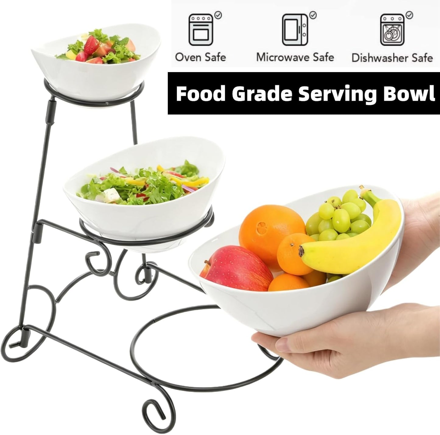 Covzoe 3 Tiered Serving Bowl Stand, Ceramic Chip and Dip Serving Dishes with Collapsible Metal Rack, Appetizer Serving Platters Food Display Stand for Fruit Dessert Parties Entertaining