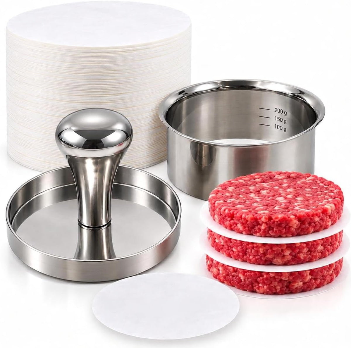 Stainless Steel Burger Press with Patty Ring – Multi-Purpose Meat & Veggie Patty Maker, Smash Burger Press, Food-Grade Stainless Steel, Dishwasher Safe, Gift Box Packaging