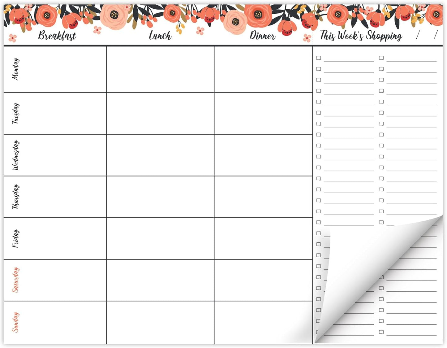 Global Printed Products 8.5" x 11" Horizontal Meal Planning Pad, 60-Sheets, Soft Pink Floral