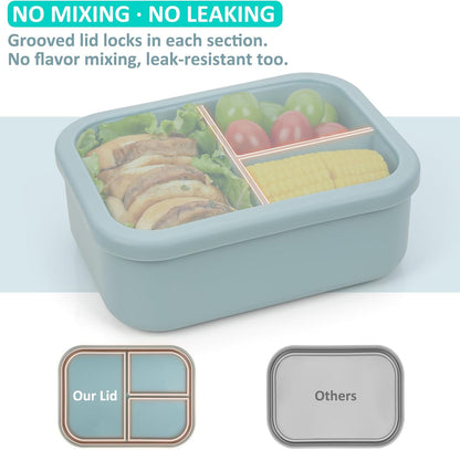 Silicone Bento Box Adult Lunch Container, 3 Compartment Container, Food Grade Silicone Bento Lunch Box for Work Travel Meal Prep, Leak-proof Food Storage Container（1 Pack Nile Blue）