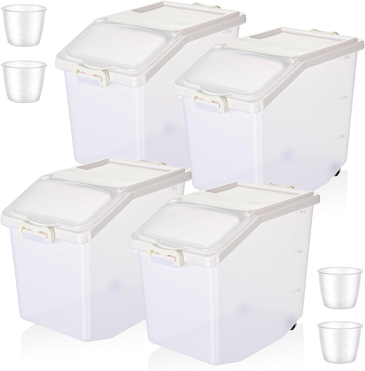 Sunnyray 4 Pcs Rice Storage Container 27.5 lb Airtight Flour Container with Wheels Measuring Cup White Pet Food Dog Cat Birds Food Bin Grain Cereal Organizer Box for Dry Baking Supplies