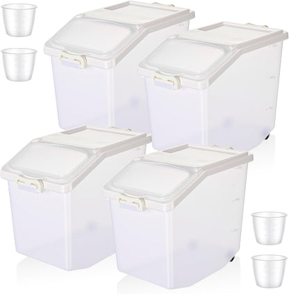 Sunnyray 4 Pcs Rice Storage Container 27.5 lb Airtight Flour Container with Wheels Measuring Cup White Pet Food Dog Cat Birds Food Bin Grain Cereal Organizer Box for Dry Baking Supplies