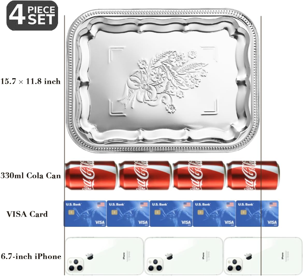 4-Pack 15.7" x 11.8" Silver Serving Trays for Party Set - Floral Engraved Serving Platters, Wedding Birthday Mirror Tray for Summer BBQ, Food, Appetizer, Charcuterie, Cookies, Desserts