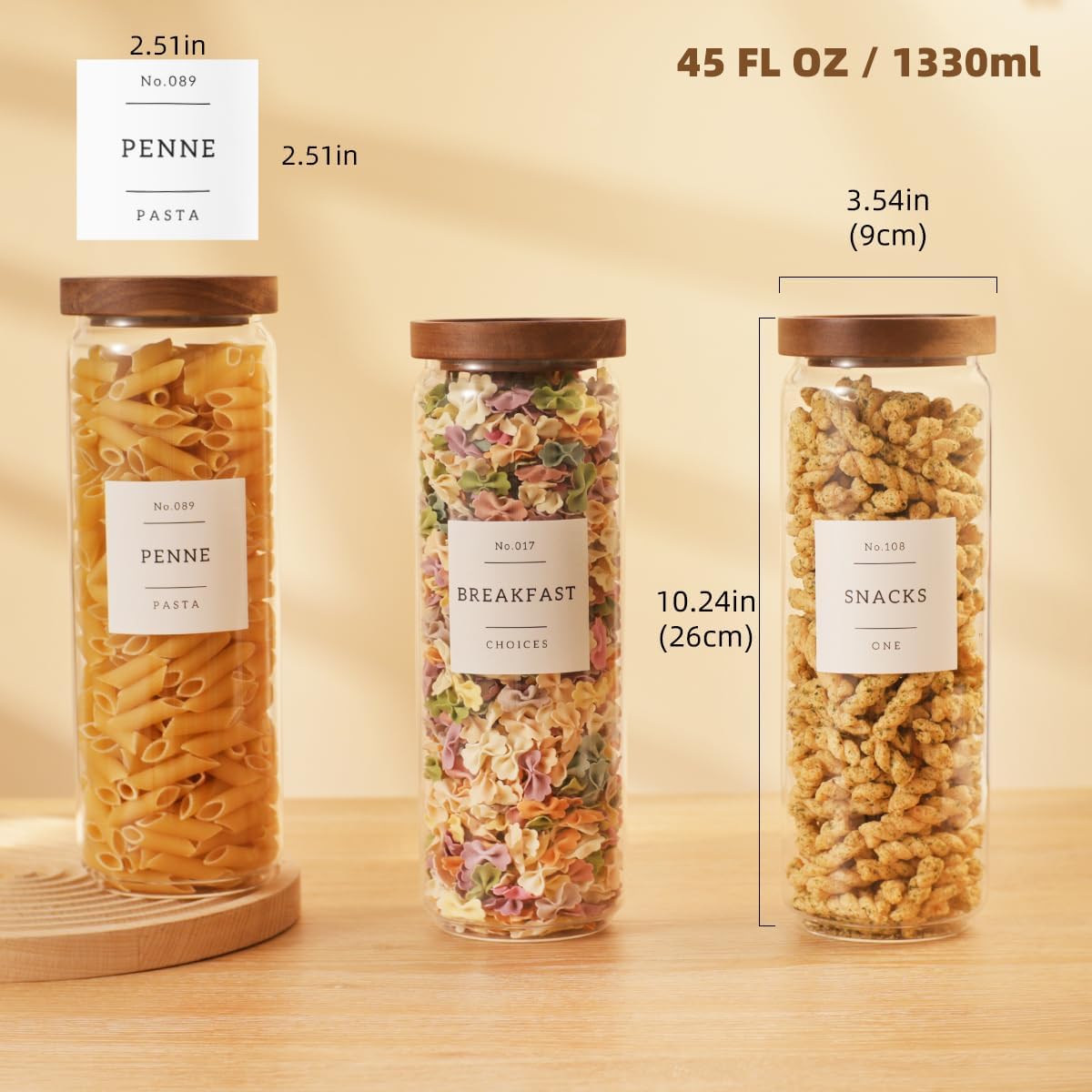 2 Pack Large Glass Flour and Sugar Storage Containers with Airtight Acacia Wood Lids and 132 Kitchen Pantey Labels Preprint - 1 Gallon Borosilicate Glass Canister Sets for Food,Pasta,Cookie,Rice