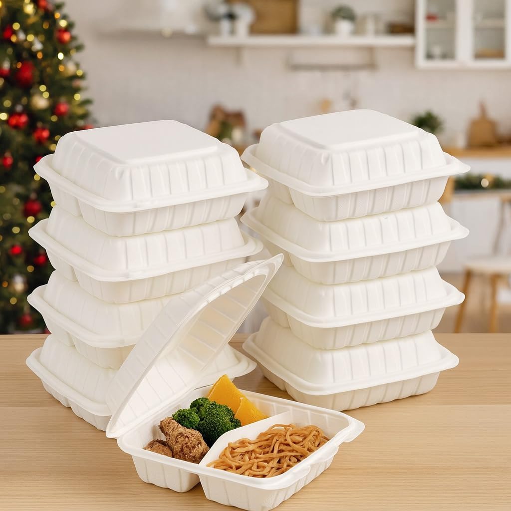 3-Compartment Clamshell Food Containers, Heavy Duty Plastic To Go Boxes with Hinged Lid, Microwave, Freezer & Dishwasher Safe, BPA-Free Takeout Trays for Meal Prep (White) (30, WHITE, 9 * 9inch)