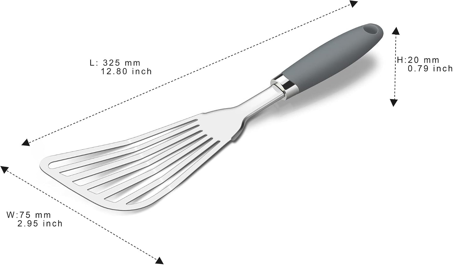 304 Stainless Steel Fish Spatula, Thin Flexible Slotted Fish Turner with Non-Slip Ergonomic Handle, Metal Spatula for Fish, Eggs, Burgers, Cast Iron & Griddle, Black