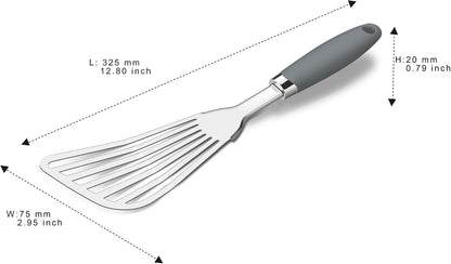 304 Stainless Steel Fish Spatula, Thin Flexible Slotted Turner | Non-Slip Ergonomic Handle, Metal Spatula for Fish, Eggs, Burgers, Cast Iron & Griddle, Black