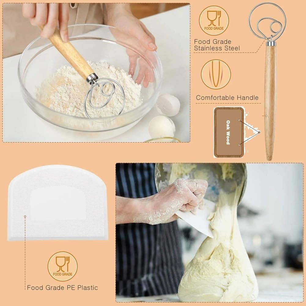 Danish Dough Whisk with Dough Scraper Bread Lame with 5 Blades and Leather Cover 13" Dutch Bread Whisk Bread Mixer Stainless Steel Dutch Bread Dough Whisk Hand Mixer for Sourdough, Pizza, Pastry, Cake