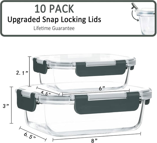 [10-Pack] 1 Compartment Glass Meal Prep Containers with Lids, [5-Pack,36 Oz] Glass Meal Prep Containers 2 Compartments with Lids