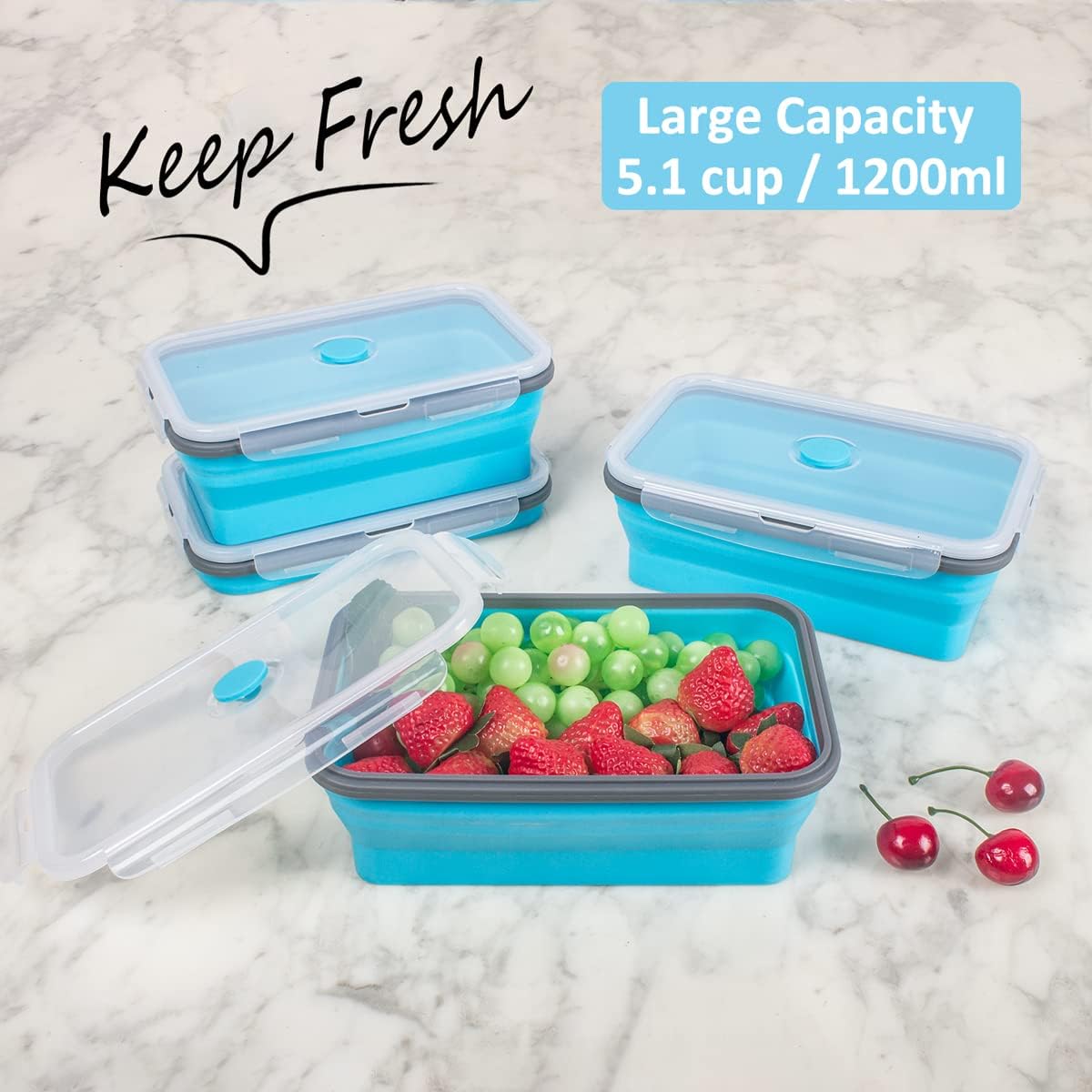 Collapsible Food Storage Containers with Lids, 4 Pack, 40 oz Silicone 1-Compartment Meal Prep Containers Reusable, Lunch Bento Boxes for Adults, Microwave Freezer Dishwasher Safe, BPA-Free, Black