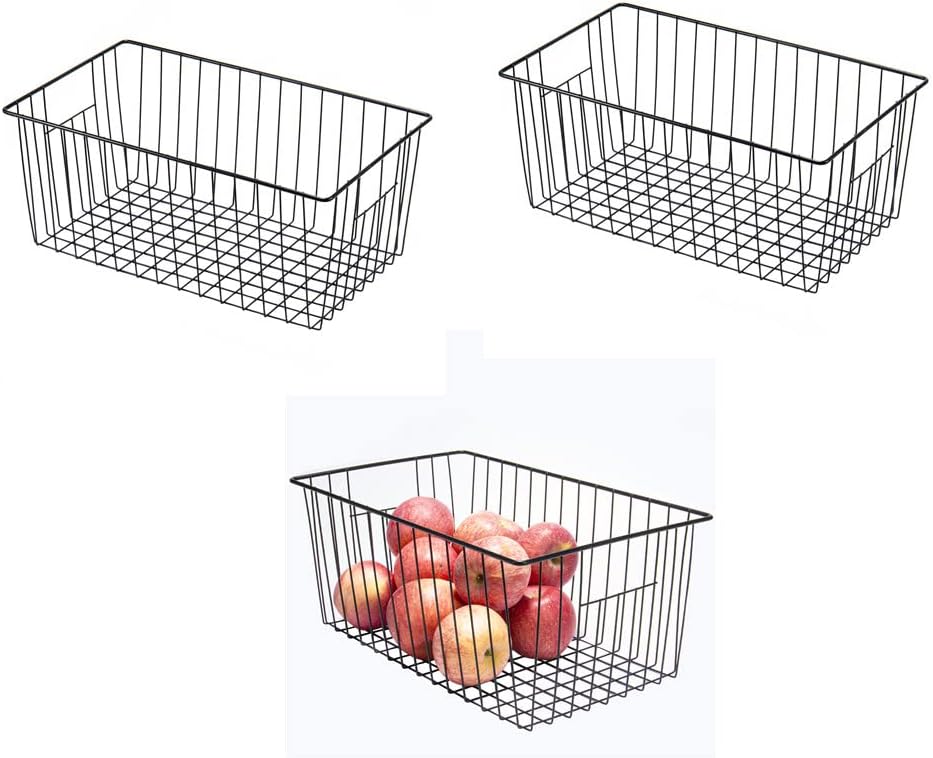 16" L x 12" W Wider Freezer Storage Organizer Baskets Container, Deep Metal Wire Chest Upright Refrigerator Divider Bins with Built-in Handles for Cabinet, Pantry, Closet, Kitchen
