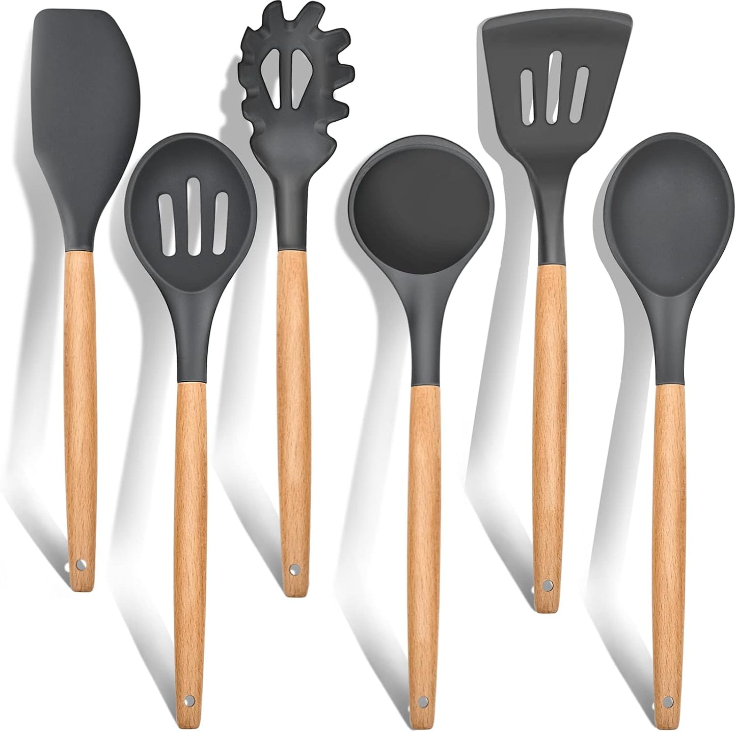 E-far Cooking Utensils Set of 6, Silicone Kitchen Utensils with Wooden Handle, Non-stick Cookware Friendly & Heat Resistant, Includes Spatula/Ladle/Slotted Turner/Serving Spoon/Spaghetti Server(Khaki)