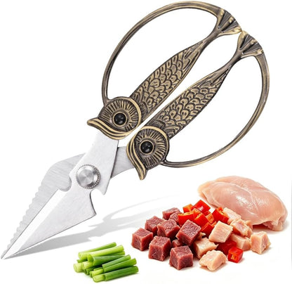 XSNBRD All Purpose Kitchen Scissors, Pearl Gold Stainless Owl Shears.