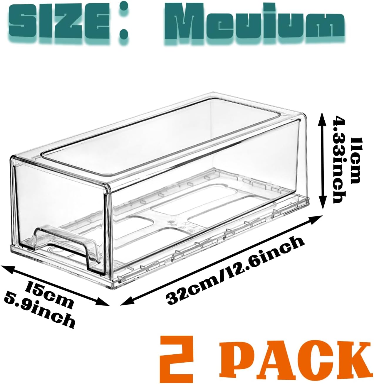 Clear Stackable Refrigerator Organizers and Storage Drawers - Pull-Out Fridge Bins with handles for Kitchen，Pantry，Cabinet，Bathroom, Undersink，Closet (2 Pack)