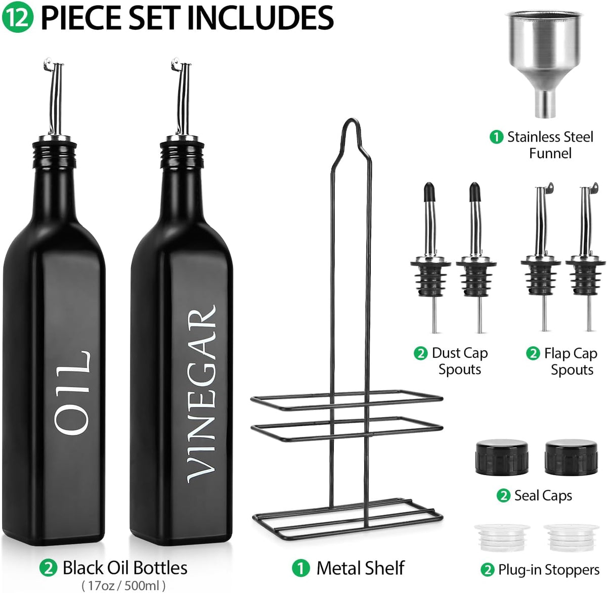 DaiRen Kitchen Oil and Vinegar Dispenser Set, 2 Pieces, 17oz, Black