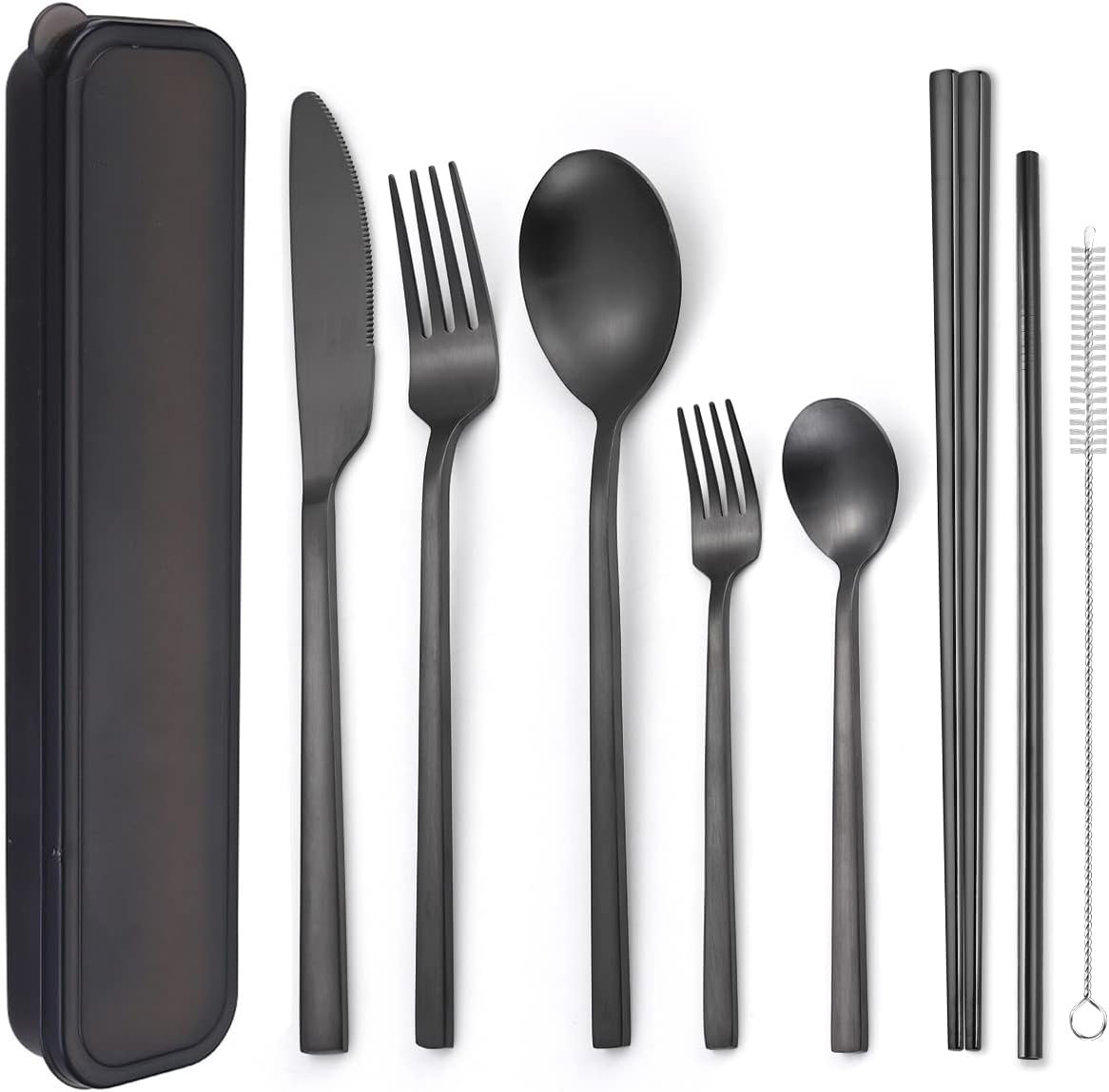 AARAINBOW 6 Pieces 18/8 Stainless Steel Flatware Set Portable Reusable Cutlery Set Travel Utensils Set Including Chopsticks Knife Fork Spoon Straws Cleaning Brush Dishwasher Safe (Green golden)
