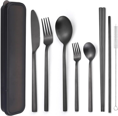 AARAINBOW 6 Pieces 18/8 Stainless Steel Flatware Set Portable Reusable Cutlery Set Travel Utensils Set Including Chopsticks Knife Fork Spoon Straws Cleaning Brush Dishwasher Safe (Green golden)