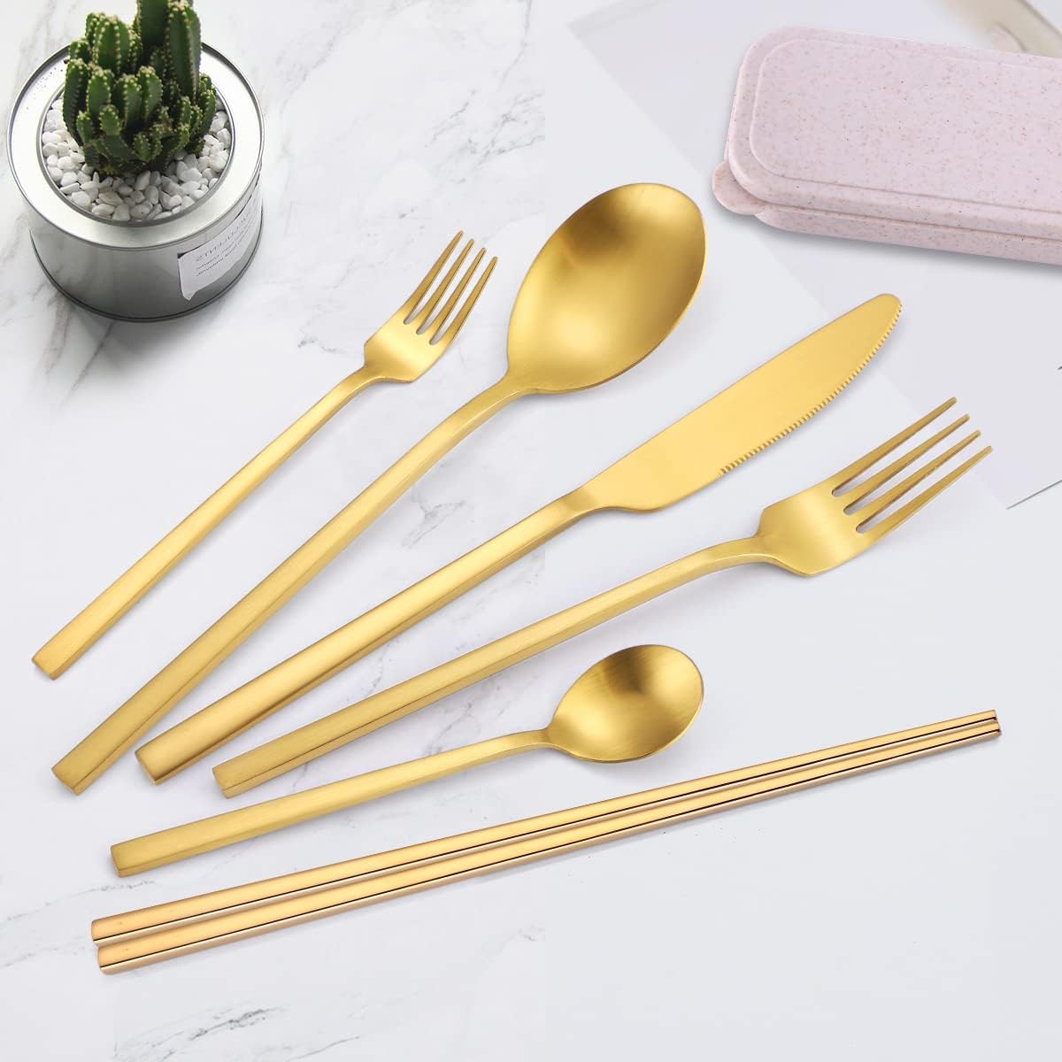 AARAINBOW 8 Pieces Stainless Steel Flatware Set Portable Reusable Cutlery Set Travel Utensils Set Including Chopsticks Knife Fork Spoon Straws Cleaning Brush Dishwasher Safe (Pink Golden)