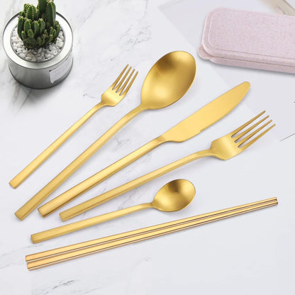 AARAINBOW 8 Pieces Stainless Steel Flatware Set Portable Reusable Cutlery Set Travel Utensils Set Including Chopsticks Knife Fork Spoon Straws Cleaning Brush Dishwasher Safe (Pink Golden)