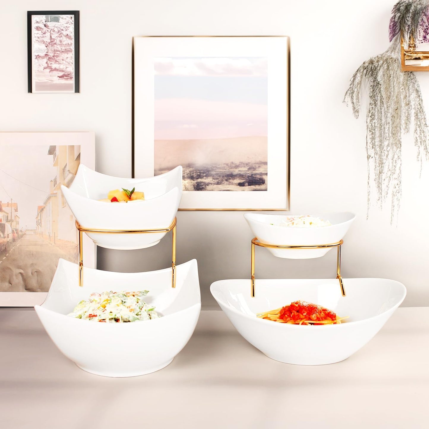 Tiered Serving Bowl Set, Square 2 Tier Chip and Dip Bowls with Stand, for Nuts, Salsas, Food Tray, Ceramic Appetizer Serving Display Stand for Parties, Entertaining