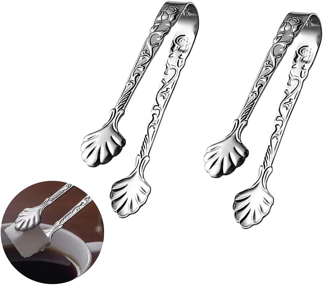 2pcs Stainless Steel Rose Design U-shaped Tongs, Mini Sugar Cube Ice Tongs for Tea Party Coffee Bar (Silver)
