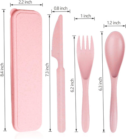 Reusable Travel Utensils Set with Case, 4 Sets Wheat Straw Portable Knife Fork Spoons Tableware, Eco-Friendly BPA Free Cutlery for Kids Adults Picnic Camping Utensils(Green, Beige, Pink, Blue)