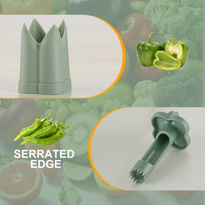 Pepper Seed Corer Remover, 2025 Upgrade 2 in 1 Bell Pepper Cutter Seed Remover Tool, Quick Cut and Deseed Bell Fruit Pepper Corer for Vegetables Kitchen Gadget (1, Green)