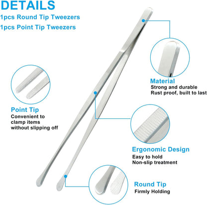 3Pcs Stainless Steel Tweezer Set (8" 10" 12"), Kitchen Tweezers Tongs, Cooking Tweezers with Precision Serrated Straight Tips, Long Handle Food Tweezers for Culinary, Bar, BBQ, Plating