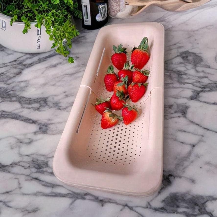 Extendable Colander Over the Sink Strainer basket - Extendable Sink Colander - Wash Fruits and Vegetable. Drain cooked Pasta and Dishes - Efficient Kitchen - Pink 8x19.5x2.8 inches