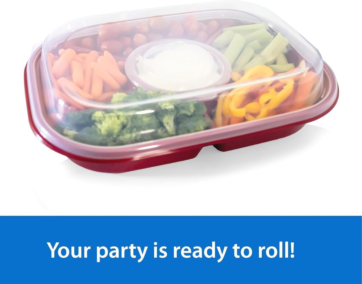 Buddeez Jumbo Divided Serving Tray with Lid - Includes 6 Bins for Party Platter, Snackle Box Container, Fruit and Veggie Tray, Chip