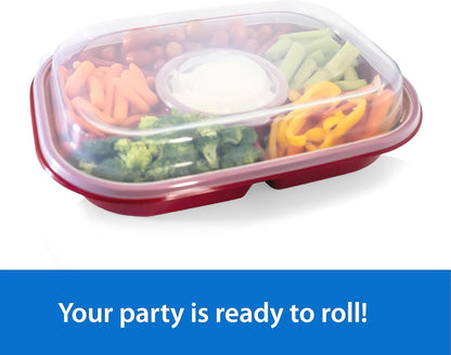 Buddeez Jumbo Divided Serving Tray with Lid - Includes 6 Bins for Party Platter, Snackle Box Container, Fruit and Veggie Tray, Chip