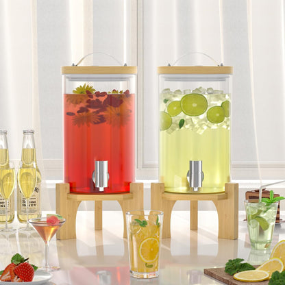 1.2 Gallon Glass Drink Dispenser For Parties, beverage dispenser with Bamboo wood stand And Stainless Steel Spigot, Juice or lemonade dispenser Laundry Detergent Dispenser (2 PACK)
