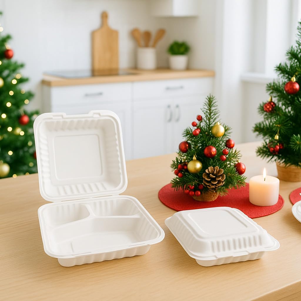 3-Compartment Clamshell Food Containers, Heavy Duty Plastic To Go Boxes with Hinged Lid, Microwave, Freezer & Dishwasher Safe, BPA-Free Takeout Trays for Meal Prep (White) (30, WHITE, 9 * 9inch)