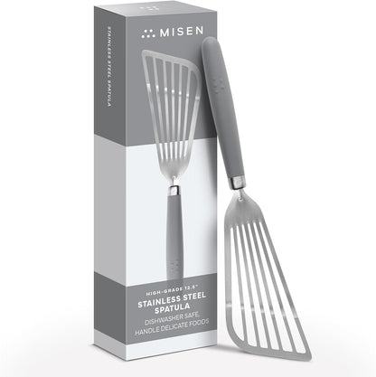 Misen Fish Stainless Steel Spatula - Slotted Turner for Cooking - Perfect for Frying - Heat Resistant - Dishwasher Safe -1mm Thick Flexible Flipper - Soft Silicone Grip Handle for Easy Use