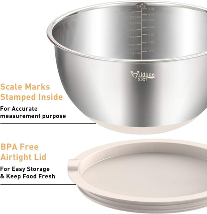 Wildone Mixing Bowls with Airtight Lids Set, 5PCS Stainless Steel Khaki Nesting Bowls for Kitchen, with Grater Attachments & Non-Slip Bottoms, Size 5, 3, 2, 1.5, 0.63 QT, Great for Mixing & Serving