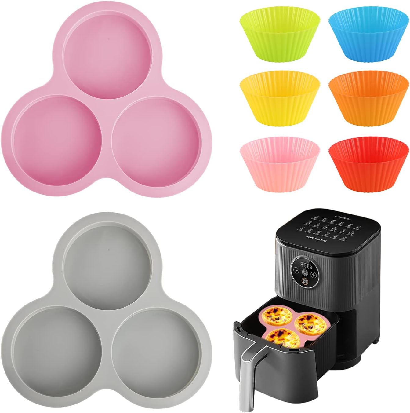 Abnaok 2PCS Egg Bites Silicone Molds with 6 PCS Silicone Cupcake Liners, BPA Free, 4 Inches Round Non-Stick Muffin Top Pan for Breakfast Sandwiches, Egg Bites, Hamburger Buns, Tart, Pancake